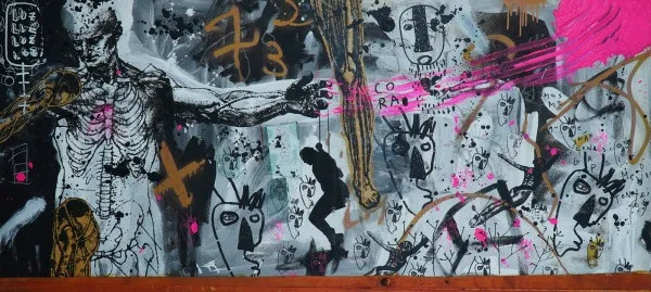 Antonio Bokel - Sem título - Óleo, colagem, spray, eucatex e placas de vidro sobre tela - Assinado verso - Medindo 100 x 220 cm.(1)