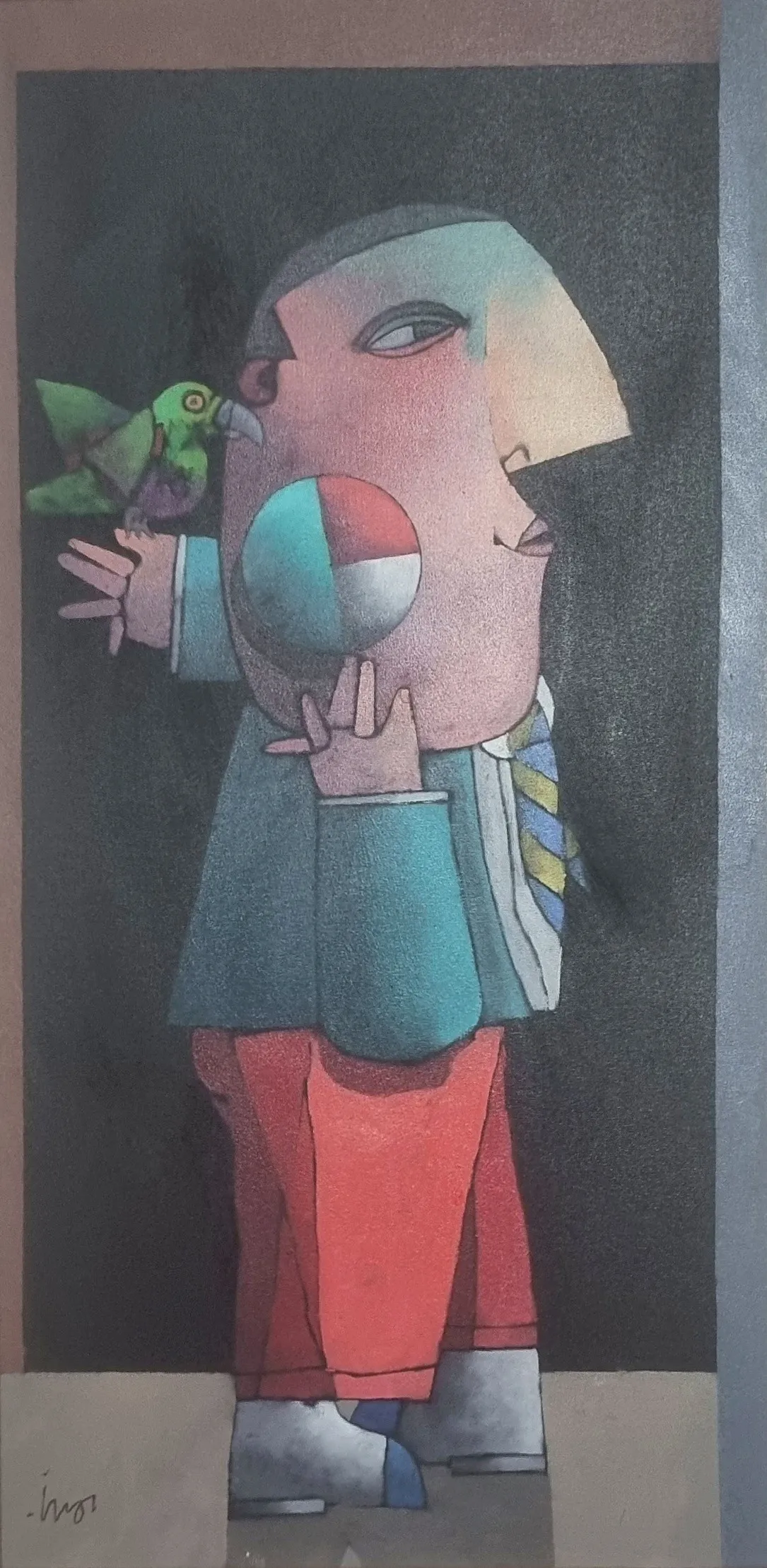 Inos Corradin  -Menino com Papagaio – 100 x 50 – ÓLEO SOBRE TELA.  -Com Certificado de Autenticidade emitido pelo artista em 04/2015.    - Imagens do Artista em seu ateliê com a tela fazem parte do Certificado.