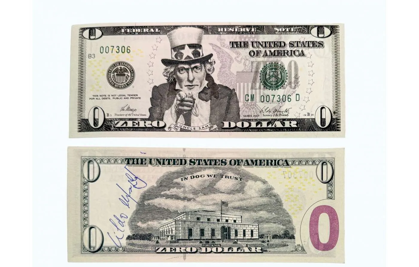 "Uncle Sam" zero-dollar bill