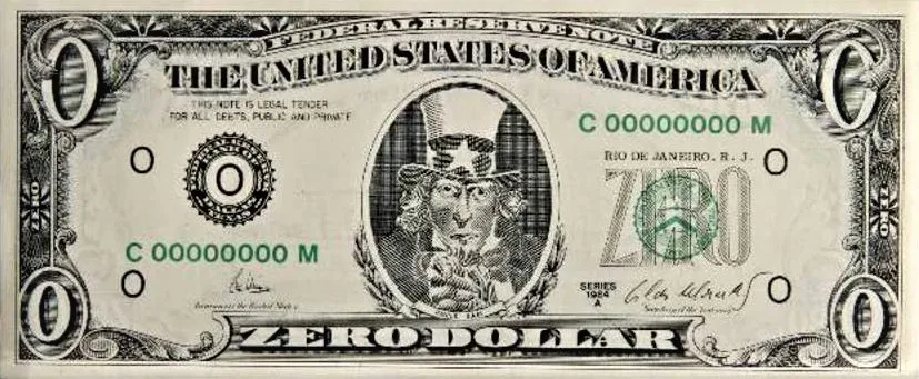 Cildo Meireles - Zero dollar - Litografia offset, frente e verso - 1984 - 6,5 x 16 cm.-
