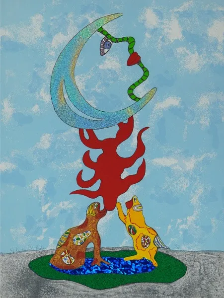 Niki de Saint Phalle - Moon Goddess - 1997 - Litogravura com colagem holográfico - 74 x 56 cm. Ex-coleção Ruy Ohtake.